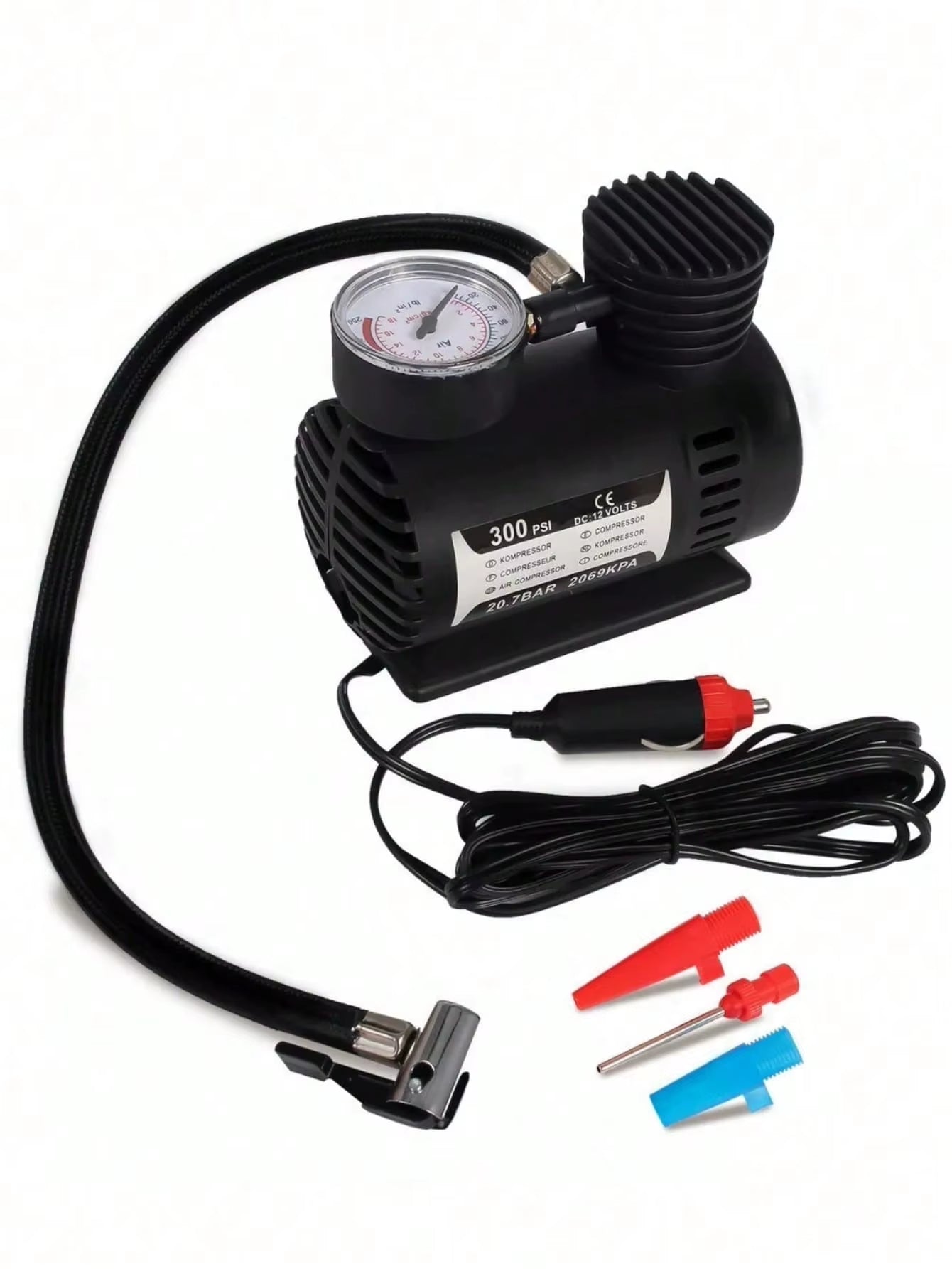 Multipurpose Mini Portable Air Compressor, 300 Psi, 12 V, Includes 2 Nozzle and Needle Adapters for Balls. Power Source: Car Charger