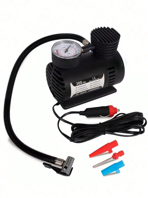 Multipurpose Mini Portable Air Compressor, 300 Psi, 12 V, Includes 2 Nozzle and Needle Adapters for Balls. Power Source: Car Charger
