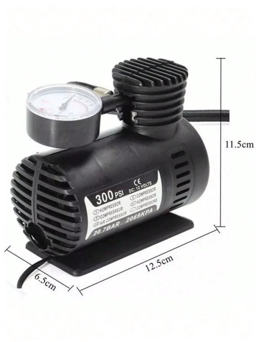 Multipurpose Mini Portable Air Compressor, 300 Psi, 12 V, Includes 2 Nozzle and Needle Adapters for Balls. Power Source: Car Charger