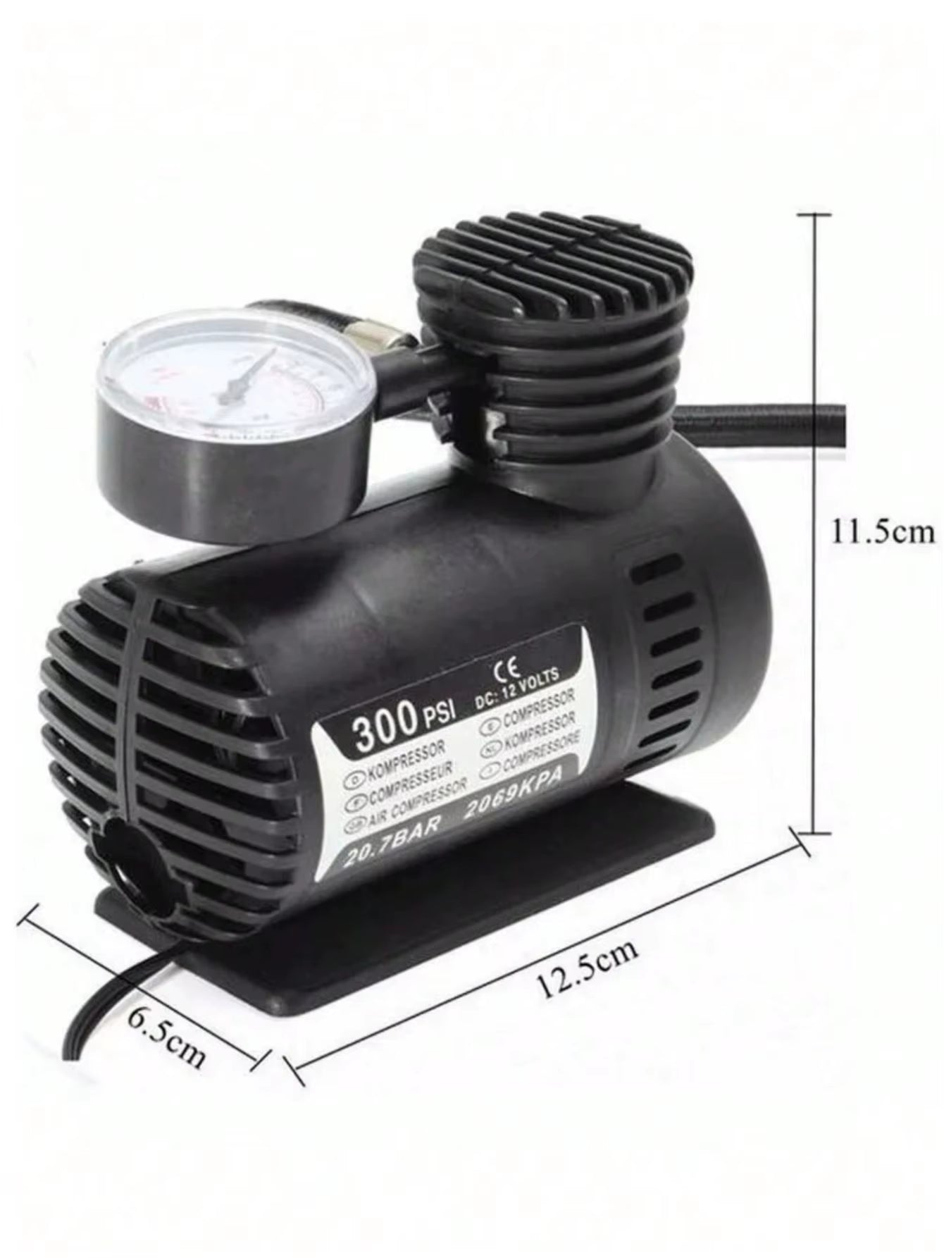Multipurpose Mini Portable Air Compressor, 300 Psi, 12 V, Includes 2 Nozzle and Needle Adapters for Balls. Power Source: Car Charger