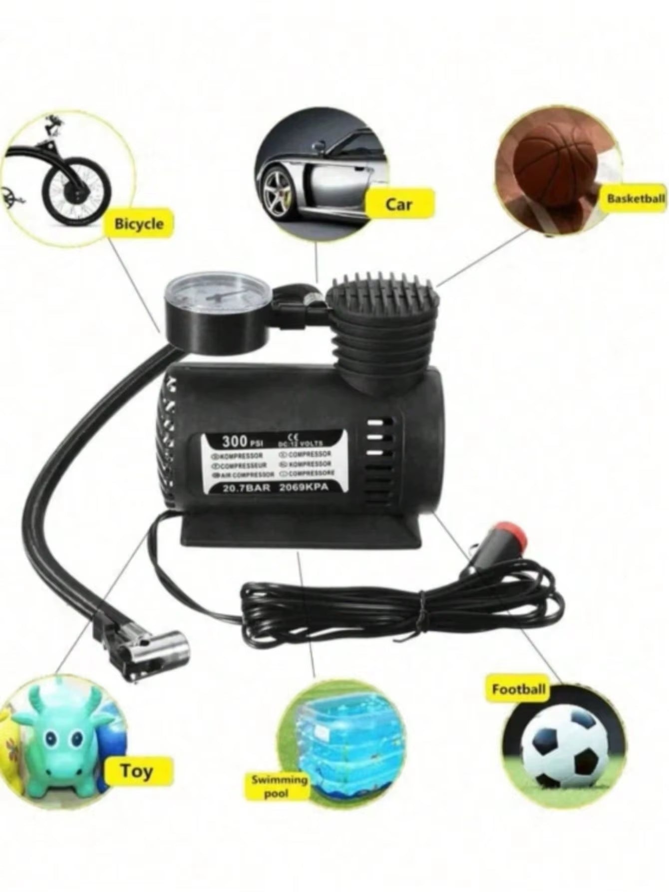 Multipurpose Mini Portable Air Compressor, 300 Psi, 12 V, Includes 2 Nozzle and Needle Adapters for Balls. Power Source: Car Charger