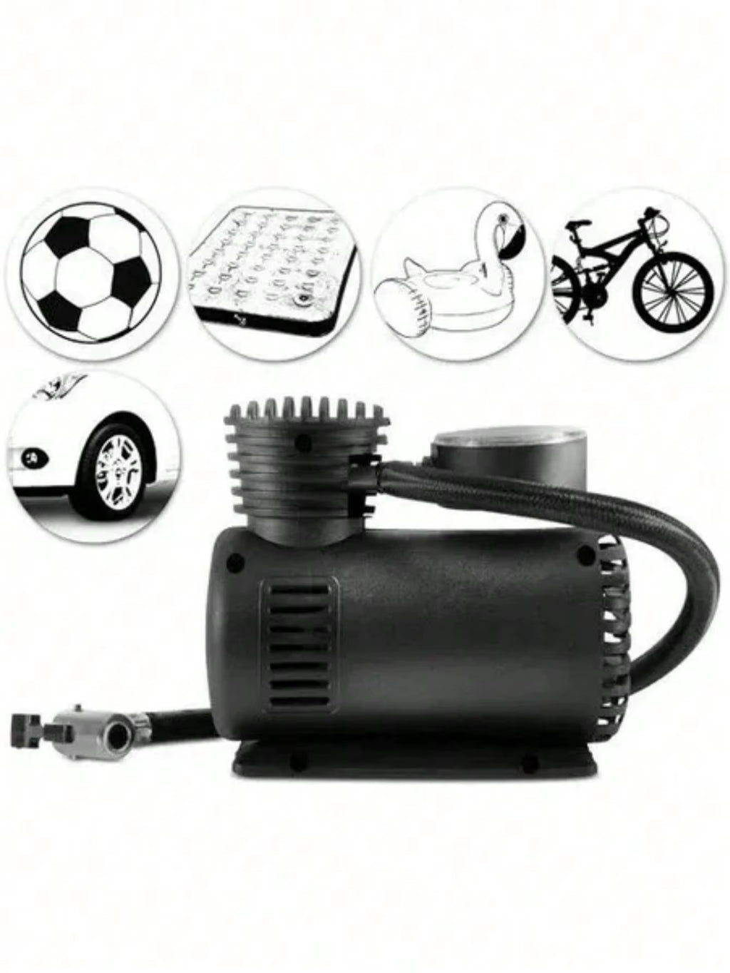 Multipurpose Mini Portable Air Compressor, 300 Psi, 12 V, Includes 2 Nozzle and Needle Adapters for Balls. Power Source: Car Charger