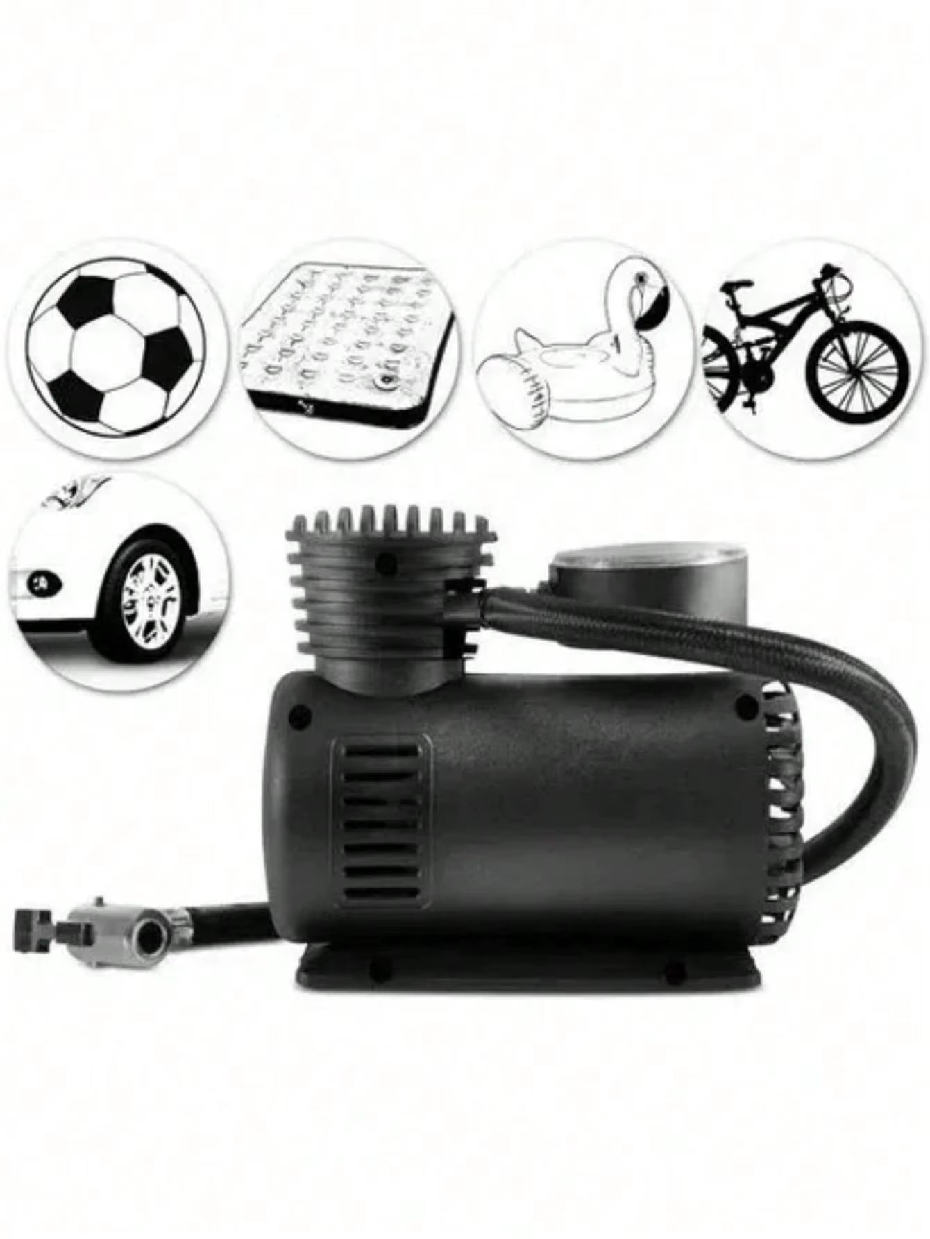 Multipurpose Mini Portable Air Compressor, 300 Psi, 12 V, Includes 2 Nozzle and Needle Adapters for Balls. Power Source: Car Charger